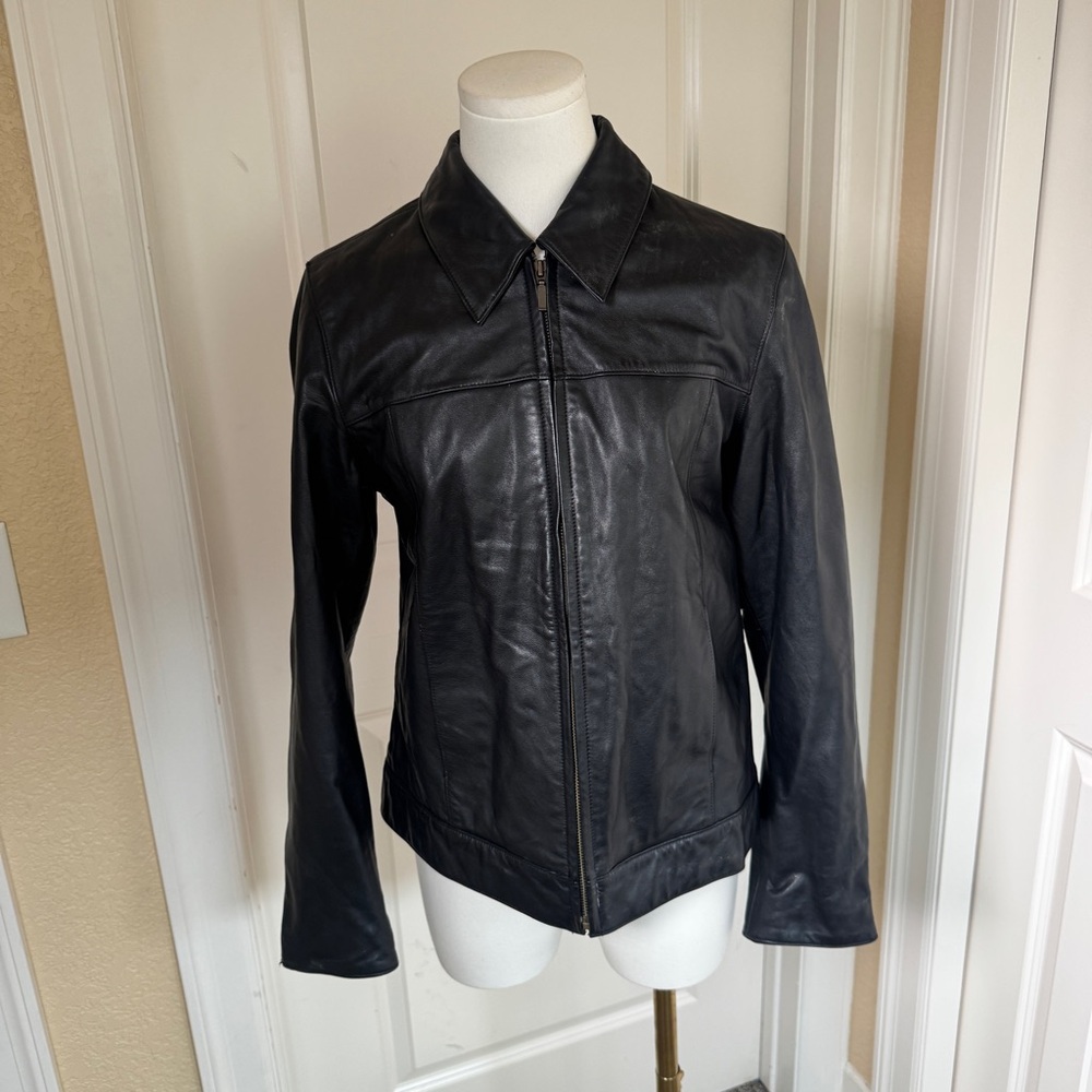 Vintage GAP Leather Jacket Womens M Black Zip Up Minimalist 90s Coat - Picture 2 of 15